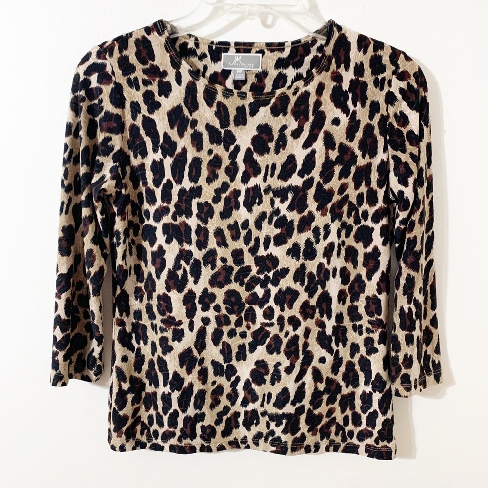 JM Collection Petites Leopard 🐆 Print Rounded Neckline 3/4 Sleeve Pullover Top